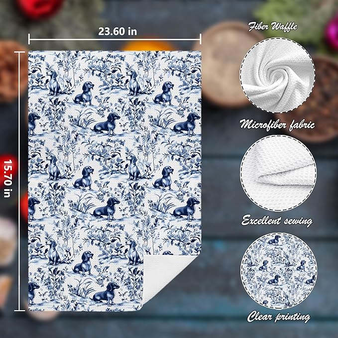Chinoiserie Dachshund Kitchen Towels, Blue and White Floral Botanical Dachshund Decorative Dish Tea Towels Set of 2, Grandmillennial Weiner Dog Hand Towels for Kitchen Bathroom, 16x24 Inch