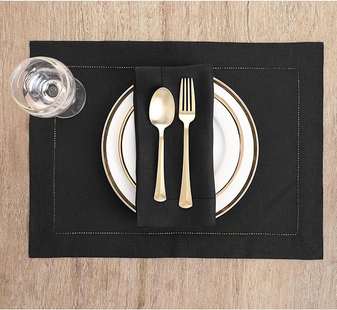 Solino Home Linen Placemats Set of 4 - Classic Hemstitch Black Placemats 14 x 19 Inch - 100% Pure Linen Table Mats for Winter, Holiday, New Year