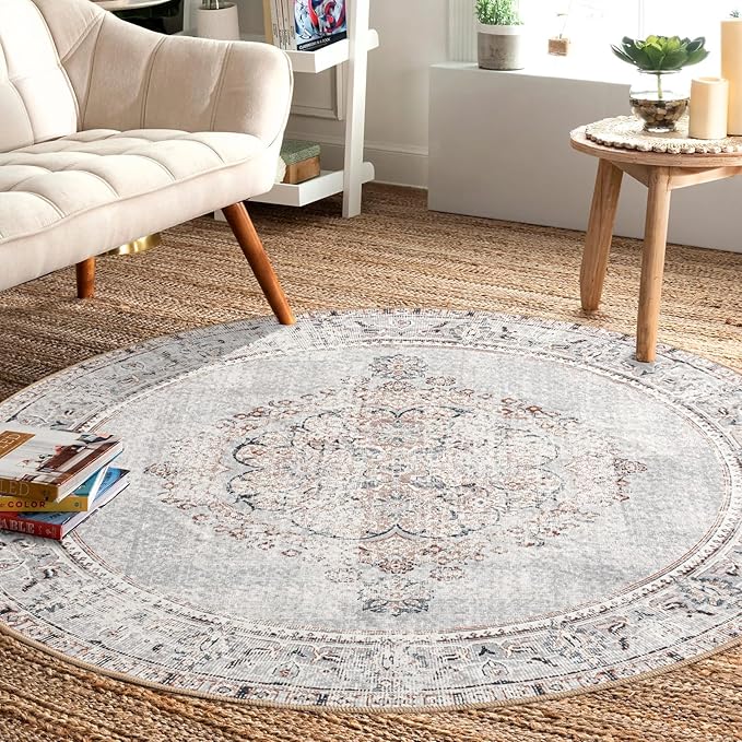 Easy-Going Round Rug 5ft Area Rug Washable Boho Circle Rugs for Living Room Non-Slip Bedroom Rug Low Pile Lightweight Vintage Distressed Throw Rug for Dining Room Kitchen Home Office, Grey Brick