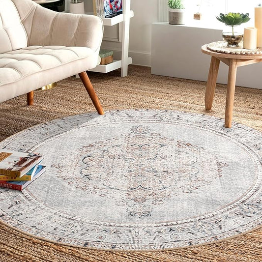 Easy-Going Round Rug 5ft Area Rug Washable Boho Circle Rugs for Living Room Non-Slip Bedroom Rug Low Pile Lightweight Vintage Distressed Throw Rug for Dining Room Kitchen Home Office, Grey Brick