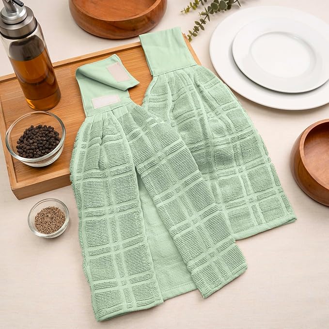 Blue Needles Hanging Kitchen Towels - Sage Green 100% Cotton Solid Kitchen Tie Towel, Set of 2 Hand Dish Cloth with Hanging Loops 9 x 17 Inches, Absorbent, Super Soft, and Fast Drying Home Essential