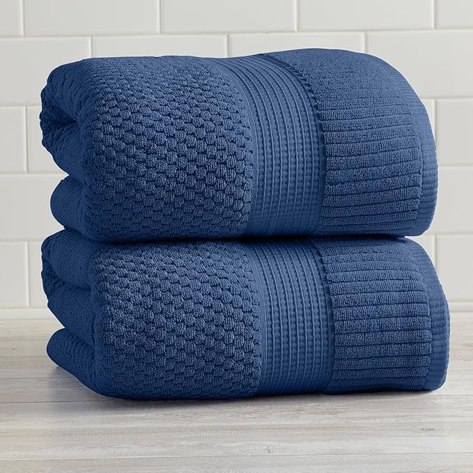 NY Loft 100% Cotton 2 Pack Bath Sheet Towel Set | Super Soft & Absorbent Quick-Dry Oversize Bath Towels |Textured and Durable Cotton | Navy Blue