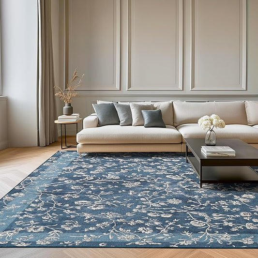 Laura Ashley Dark Navy Aria Floral Border Machine Washable & Slip Resistant 8' x 10' Area Rug