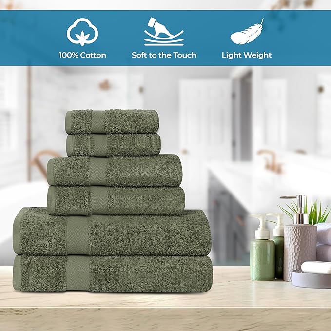 Superior 6-Piece Cotton Assorted Towel Set, Includes 2 Face/Washcloths, 2 Hand, and 2 Bath Towels, Lightweight Essentials, for Home, Beach, Bathroom, Quick Drying, Franklin Collection, Forest Green
