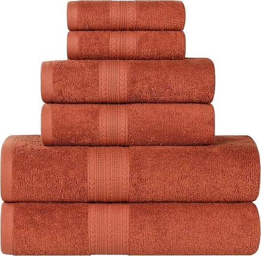 Superior Eco-Friendly Cotton 6-Piece Towel Set, Bathroom, Shower, Spa, Large and Small Assorted Towels for Home, Apartment, Dorm, 2 Bath, 2 Hand, 2 Face/Washcloth, Soft, Highly Absorbent, Copper