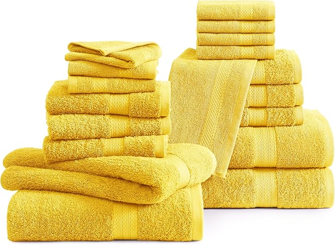 LANE LINEN 100% Cotton Turkish Bath Towel Set, 18PCs - 4 Bath, 8 Washcloths, 6 Hand Towels for Bathroom - Sustainably Produced and Eco Friendly, Oeko-Tex Certified & Gentle on Skin - Mimosa