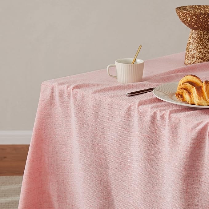 Linen Tablecloth with Tassels, Farmhouse Style Pink Tablecloth, Water Resistant Burlap Tablecloths for Rectangle Table, 60x104 Inch Pink