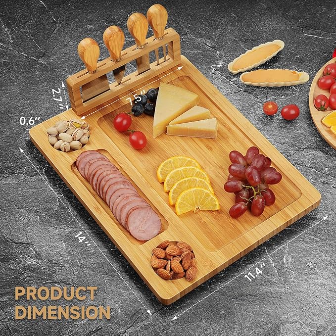 Bamboo charcuterie boards Gift Set - Serving Meat Cheese Board, Charcuterie Board Set with 4 Stainless Steel Cheese Knife, Ideal for House Warming Gifts New Home, Christmas, Bridal Shower Gift