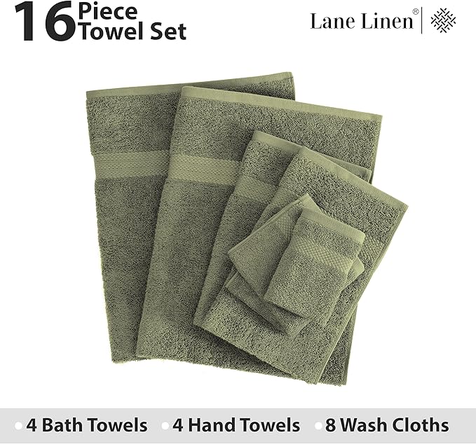 Lane Linen 100% Cotton Luxury Bath Towel Set - 16 Pieces - Ring Spun, Super Soft & Highly Absorbent - 4 Bath, 8 Washcloths, 4 Hand Towels for Bathroom - Minimal Lint & Fading, Pre Shrunk - Olive Green
