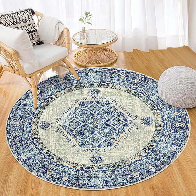 Easy-Going Round Area Rug 3ft Washable Boho Small Circle Rugs for Living Room Non-Slip Bedroom Rug Low Pile Lightweight Vintage Distressed Throw Rug for Dining Room Kitchen Home Office, Blue Cream