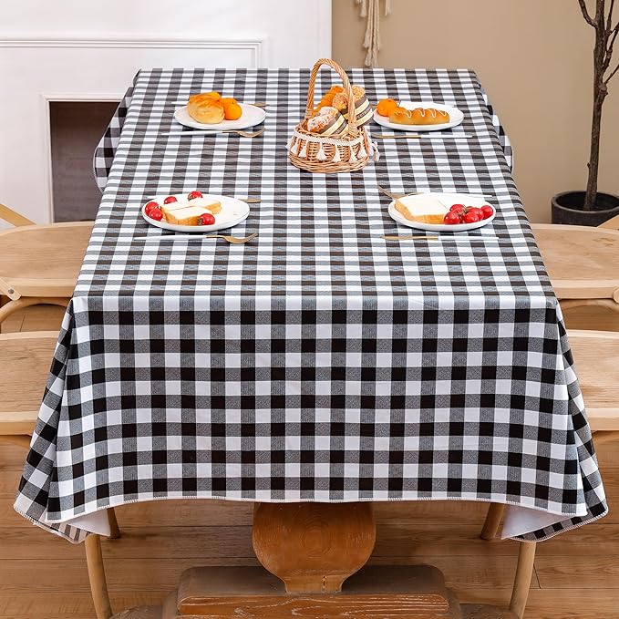 Heavy Duty Vinyl Tablecloth with Flannel Backing Waterproof Oil-Proof Plastic Table Cloth Stain-Resistant Wipeable Rectangle or Square Table Cover for Indoor and Outdoor (Black Checkered, 60x102 Inch)