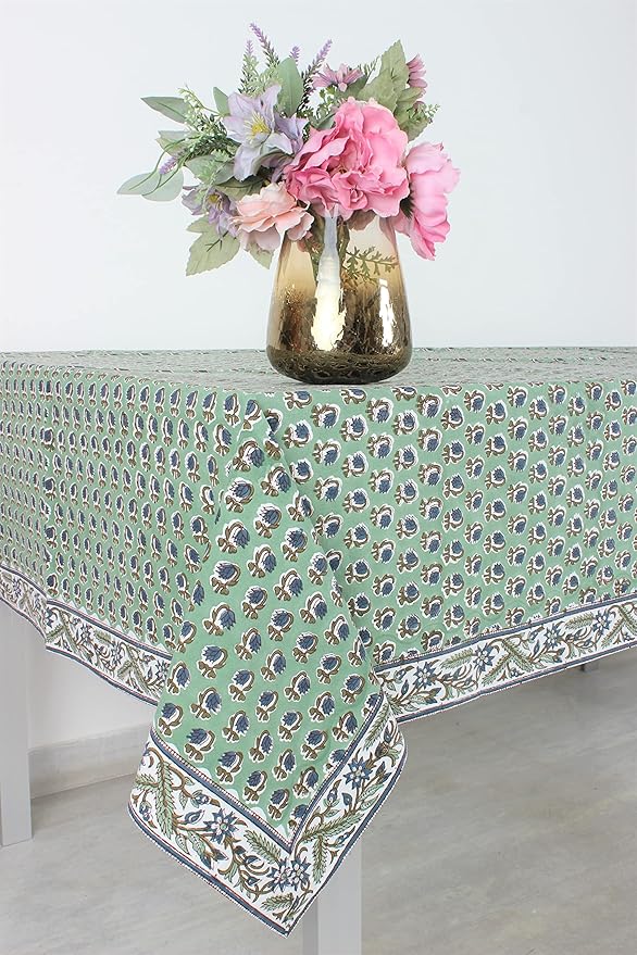 Ridhi Basil Green Hand Block Print Cotton Rectangle Tablecloth 190" x 72" inches Reusable Table Cover Decorative Everyday Use for Dining, Farmhouse, Home, Party, Festive, Wedding, Fall