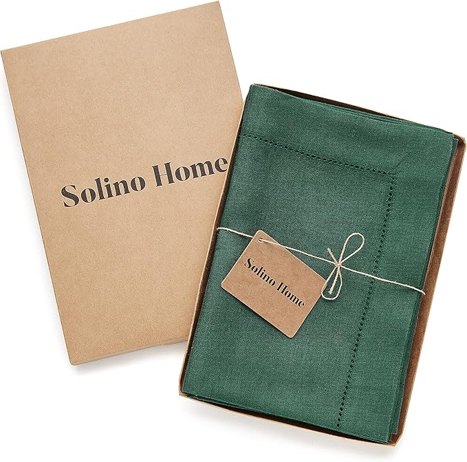 Solino Home Linen Napkins Set of 4 - Classic Hemstitch 100% Pure Linen Rainforest Green Dinner Napkins Cloth 20 x 20 Inch for Fall, Thanksgiving, Christmas, Holiday - Handcrafted and Machine Washable