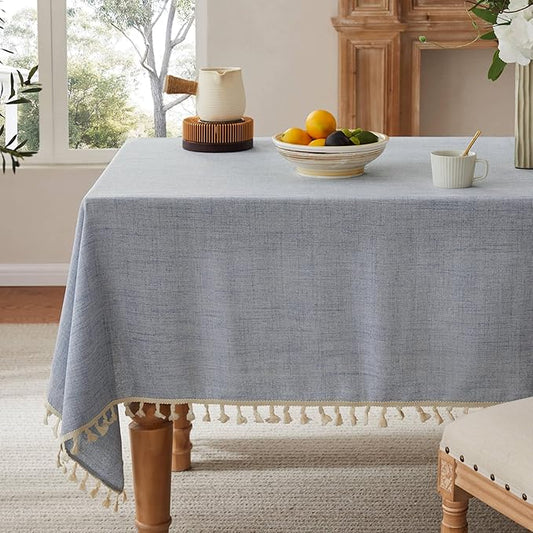 Linen Tablecloth with Tassels, Farmhouse Style Blue Tablecloth, Water Resistant Burlap Tablecloths for Rectangle Table, 60x84 Inch Blue
