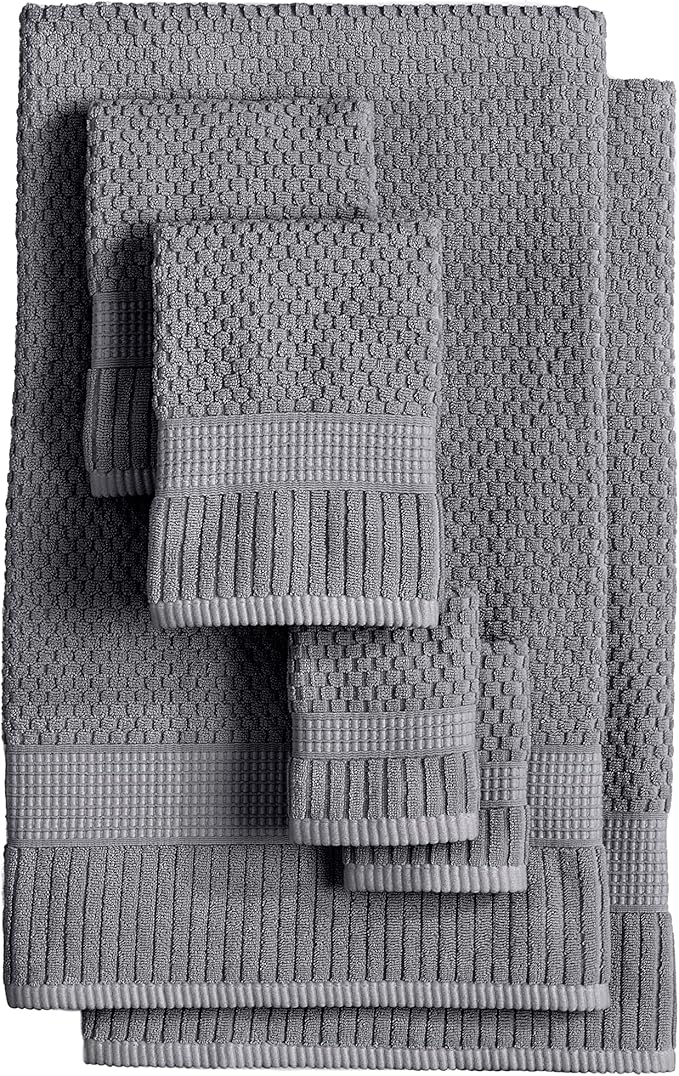 NY Loft 100% Cotton Towel Set 6 Piece | Super Soft & Absorbent Quick-Dry 2 Bath Towels 2 Hand Towels & 2 Washcloths |Textured and Durable Cotton | Trinity Collection (6 Piece Set, Charcoal Grey)