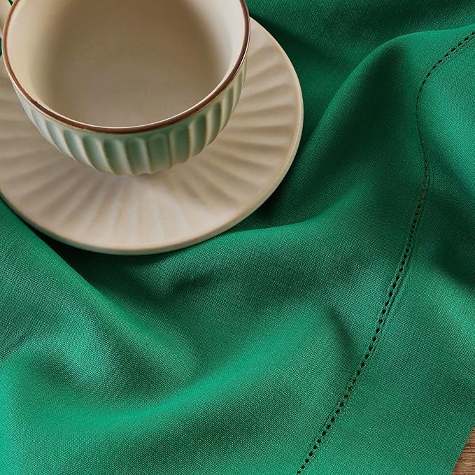 Solino Home Linen Tablecloth 60 x 90 Inch - Classic Hemstitch 100% Pure Linen Emerald Green Table Cloth for Rectangle Tables - Machine Washable Tablecloth for New Year