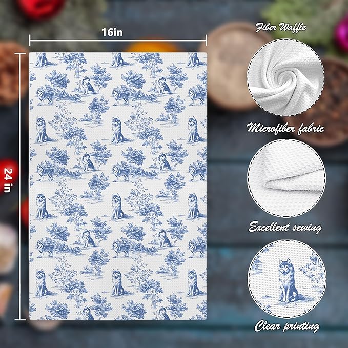 Chinoiserie Husky Dog Kitchen Towels,Blue and White Floral Botanical Husky Grandmillennial Weiner Dog Decorative Hand Towels for Kitchen Bathroom,16x24 Inch