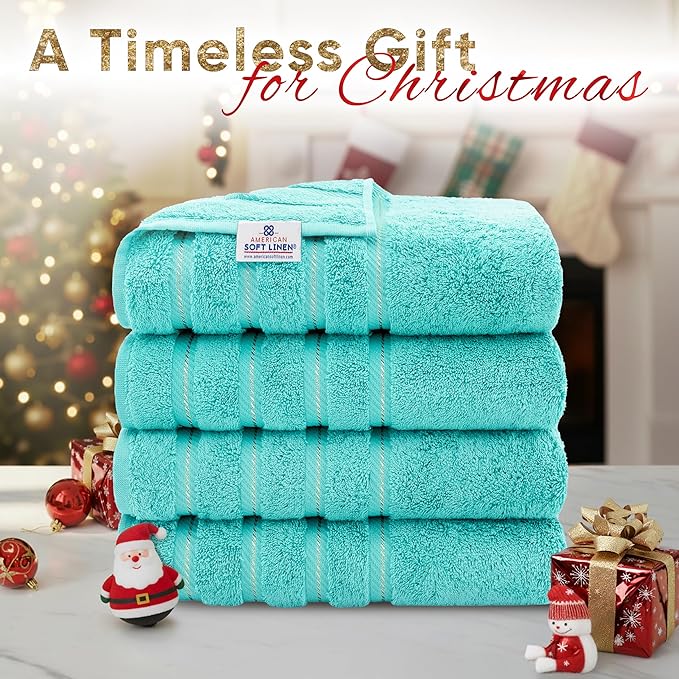 American Soft Linen Luxury 4 Piece Bath Towel Set, 600 GSM 100% Cotton Turkish Bath Towels for Bathroom, 27x54 in Large Bathroom Shower Towels, Turquoise Blue