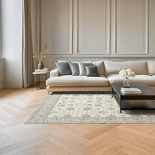 Laura Ashley Beige Aure Floral Machine Washable & Slip Resistant 5' x 7' Area Rug