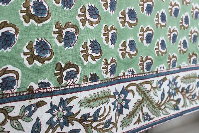 Ridhi Basil Green Hand Block Print Cotton Rectangle Tablecloth 90" x 60" inches Reusable Table Cover Decorative Everyday Use for Dining, Farmhouse, Home, Party, Festive, Wedding, Fall