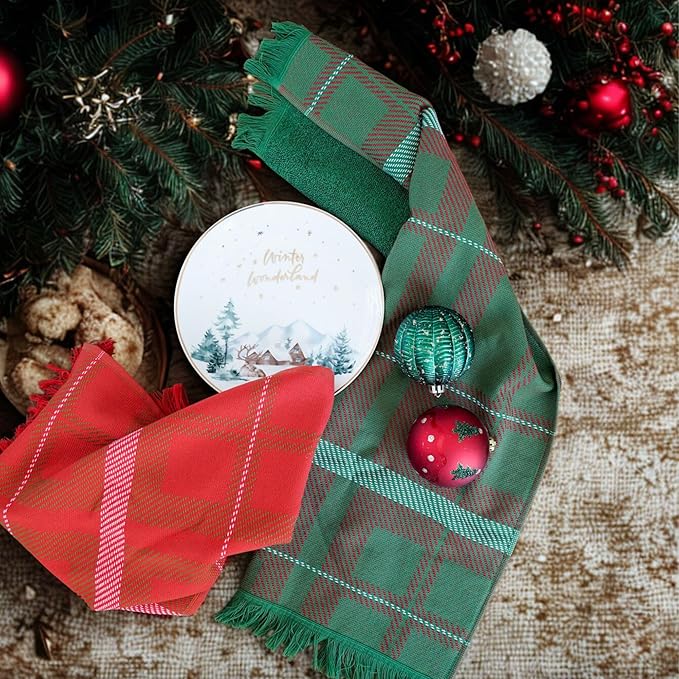 sea me at home Holiday Plaid Hand Towels for Bathroom, Red & Green Check Decorative Towels for Christmas Kitchen & Bathroom, Tea Towels 15 x 34 Inches for Bohemian, Farmhouse Decor (Xmas Plaid)