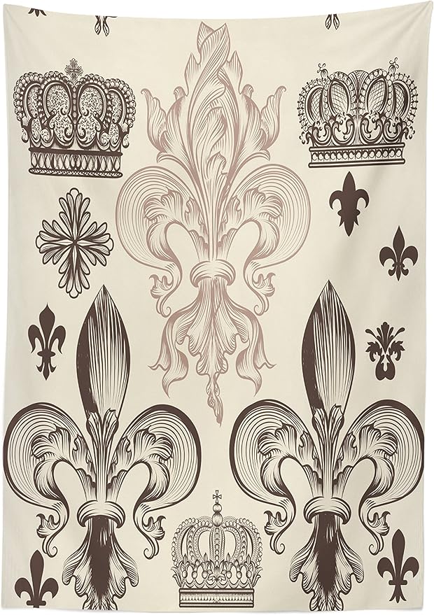 Ambesonne Fleur De Lis Tablecloth, Heraldic Pattern with Fleur-de-Lis and Crowns Tiara Coat of Arms Knight, Rectangular Table Cover for Dining Room Kitchen Decor, 60" X 90", Beige Taupe