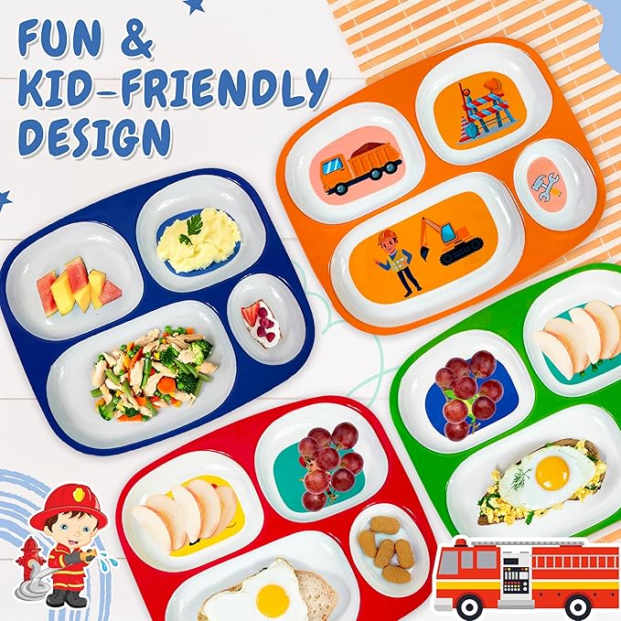 4E's Novelty Set of 4 Melamine Dinner Plates for Kids Boys - Divided Plates for Picky Eater, BPA Free, Toddler Eating Essentials, Boy Dinnerware Set