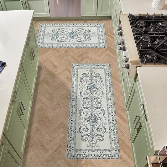 Laura Ashley Sea Spray Blue Josette Medallion Machine Washable & Slip Resistant 2 Piece Set - 26" x 45" Accent Rug & 26" x60" Runner Rug