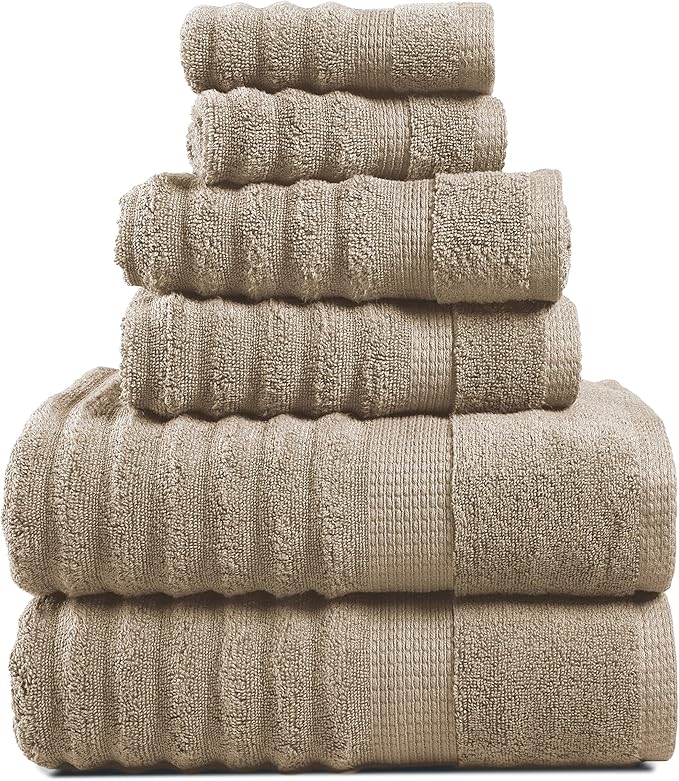 LANE LINEN Bath Towel Set - Soft and Absorbent, Ribbed, 100% Cotton Towels for Bathroom, Hotel, Body & Spa - 2 Bath Towels Large Size, 2 Bathroom Hand Towel and 2 Wash Cloths (6 Piece Set) - Taupe