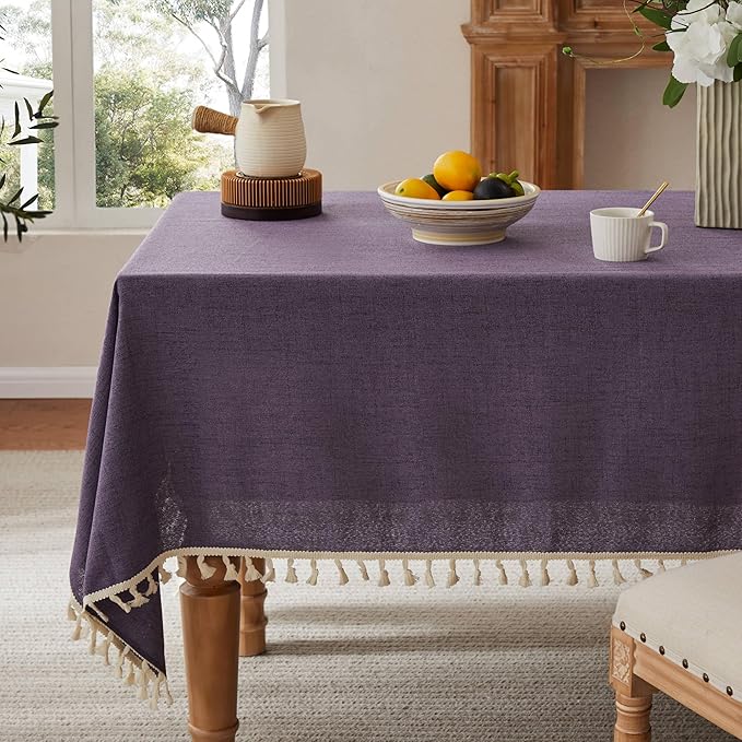 Linen Tablecloth with Tassels, Farmhouse Style Purple Tablecloth, Water Resistant Burlap Tablecloths for Rectangle Table, 60x120 Inch Purple