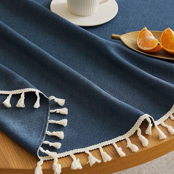 Linen Tablecloth with Tassels, Farmhouse Style Navy Tablecloth, Water Resistant Burlap Tablecloths for Round Table, 60 Inch Round Navy