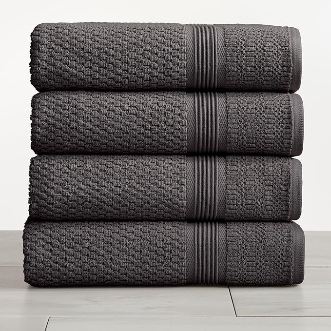 Market & Place 100% Cotton Waffle Textured Bath Towels Set of 4 | Super Soft Quick Dry Bath Towels | Decorative Towels for Bathroom | Zoey Collection (Charcoal)