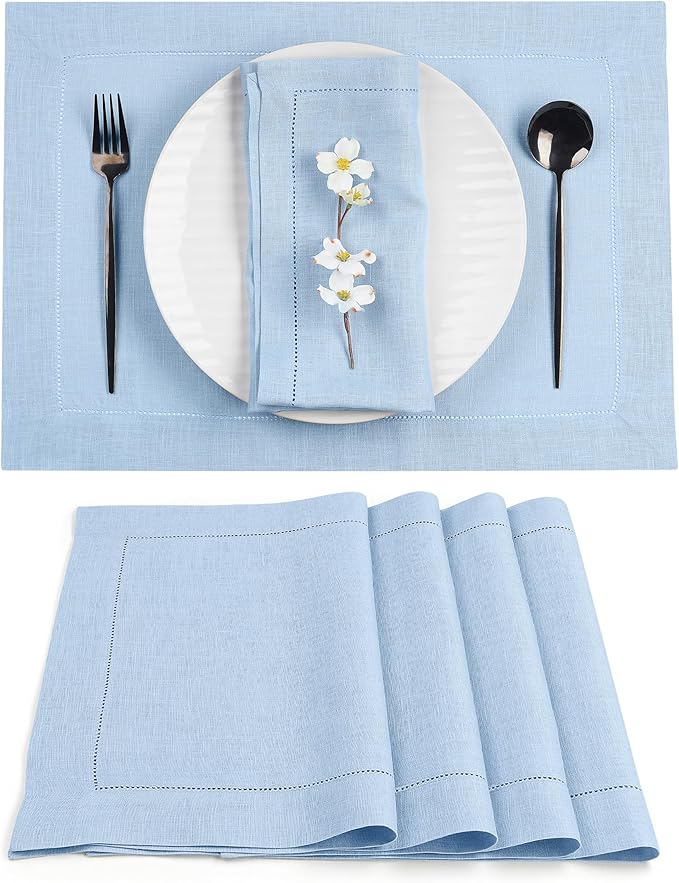 D'Moksha Homes Powder Blue Linen Cloth Placemats Set of 4-100% Pure Linen Hemstitch Placemats 14 x 19 Inch - Classic Hemstitch Table Place Mats for Christmas - Handcrafted and Machine Washable
