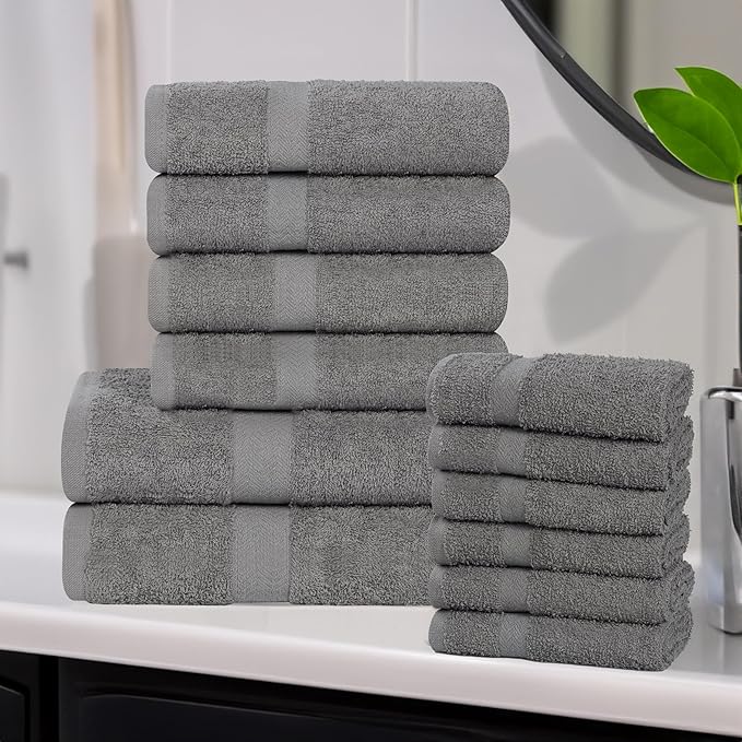 Superior 12-Piece Cotton Assorted Towel Set, Includes 6 Face/Washcloths, 4 Hand, and 2 Bath Towels, Lightweight Essentials, for Home, Gym, Beach, Bathroom, Quick Drying, Franklin Collection, Charcoal