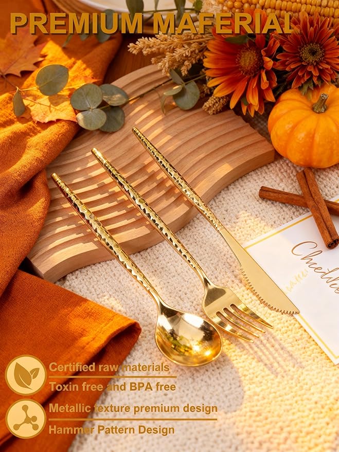 U-QE 180 PCS Gold Plastic Forks - 7.7 Inch Hammered Heavy Duty Plastic Forks - Elegant Gold Plastic Silverware - Perfect for Parties & Weddings and Other Daily Events