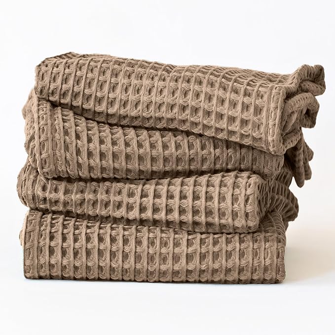 Premium Waffle Hand Towels Pack of 4 Extra Large 20x35 inch - 100% Turkish Cotton, Waffle Weave, Quick Dry, Lint Free, Super Absorbent, Thin Hand Bath Towel (Brown, Set of 4 Hand Towels)