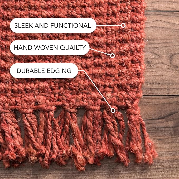 nuLOOM 4x6 Daniela Jute Tassel Hand Woven Area Rug, Brick, Solid Chunky Farmhouse Design, Natural Fiber, For Bedroom, Dining Room, Living Room, Hallway, Office, Entryway