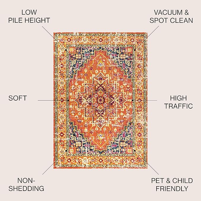 JONATHAN Y Brooklyn Geometric Medallion Orange/Blue Indoor Area Rug, 4x6, Vintage, Bohemian, Easy-Cleaning for Living Room, Bedroom, Kitchen, Pet Friendly, Non-Shedding (MDP207D-4)