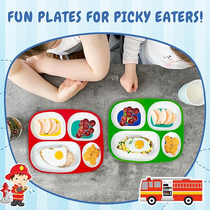 4E's Novelty Set of 4 Melamine Dinner Plates for Kids Boys - Divided Plates for Picky Eater, BPA Free, Toddler Eating Essentials, Boy Dinnerware Set