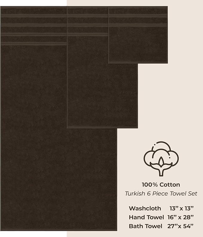 American Soft Linen Luxury 6 Piece Towel Set, 2 Bath Towels 2 Hand Towel 2 Washcloths, 600 GSM 100% Cotton Turkish Towels for Bathroom, Brown Towel Sets