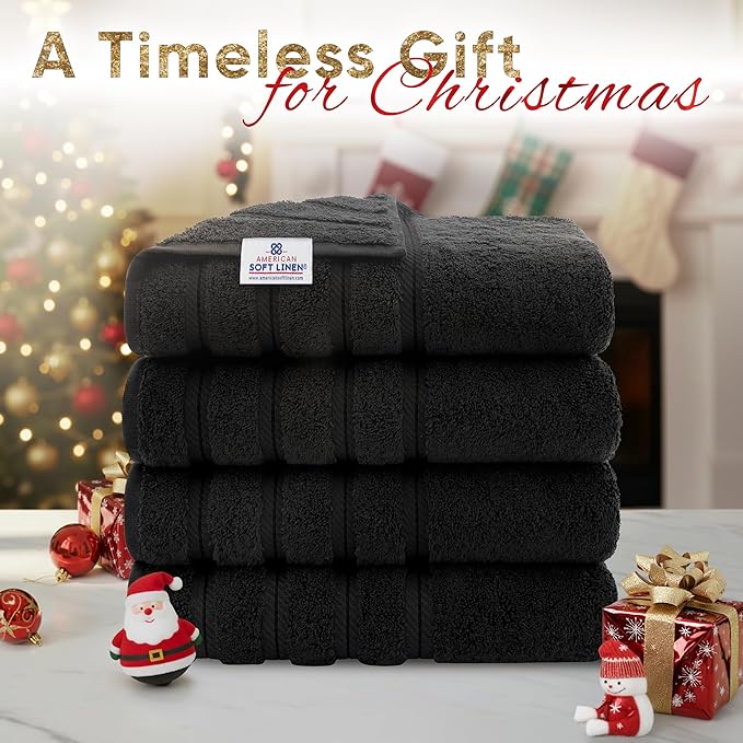 American Soft Linen Luxury 4 Piece Bath Towel Set, 600 GSM 100% Cotton Turkish Bath Towels for Bathroom, 27x54 in Extra Large Bathroom Shower Towels, Black