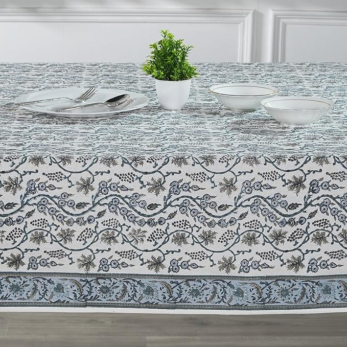 Ridhi Baby Blue Eyes Hand Block Print Cotton Rectangle Tablecloth 118" x 70" inches Reusable Table Cover Decorative Everyday Use for Dining, Farmhouse, Home, Party, Festive, Wedding, Fall