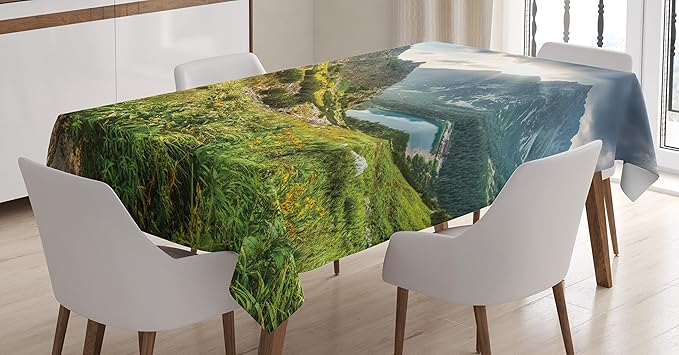 Ambesonne Mountain Tablecloth, Mountain by The Lake with Dark Cloudy Sky Spring Dream Spot on Earth, Rectangular Table Cover for Dining Room Kitchen Decor, 60" X 84", White Green