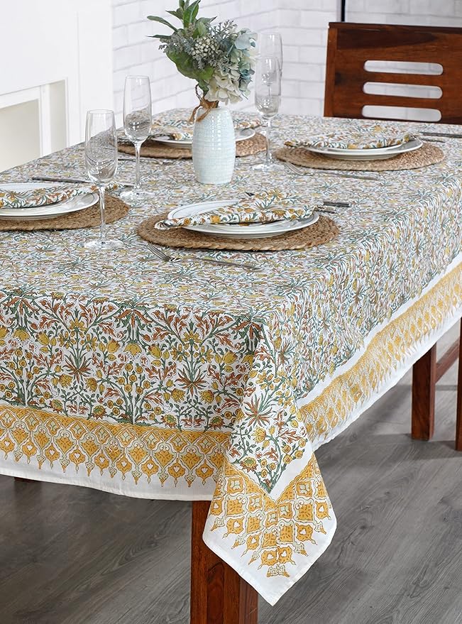 Ridhi Goldenrod Yellow Hand Block Print Cotton Rectangle Tablecloth 160" x 72" inches Reusable Table Cover Decorative Everyday Use for Dining, Farmhouse, Home, Party, Festive, Wedding, Fall