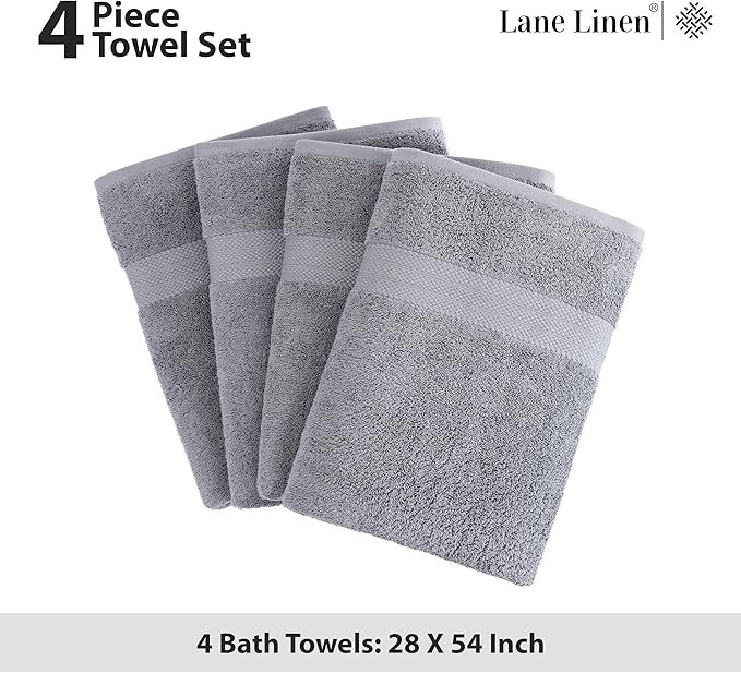 LANE LINEN 100% Ring Spun Cotton Towels for Bathroom Set of 4 (28"x54") - Large Turkish Bath Towel Sets - Durable, Quick Dry, Soft & Highly Absorbent Towels Set - Fade Resistant - Space Grey