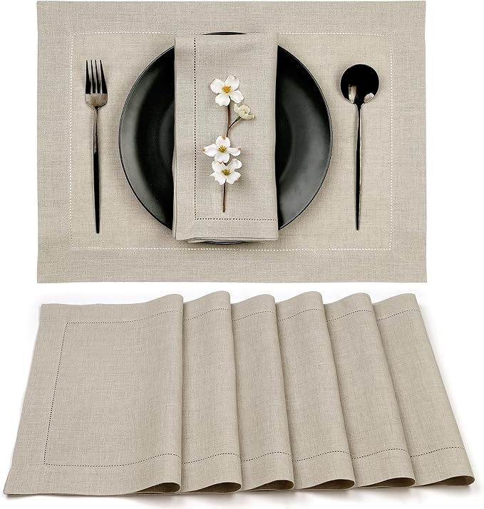 D'Moksha Homes Linen Placemats Set of 6 - Classic Hemstitch Natural Placemats 14 x 19 Inch - 100% Pure Linen Table Mats for Winter, Christmas, Holiday, New Year - Handcrafted and Machine Washable
