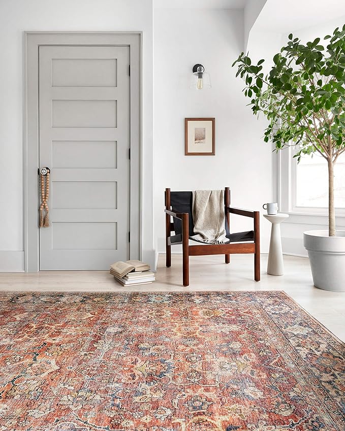 Loloi Layla Collection LAY-02 Spice/Marine 7'-6" x 9'-6" .13" Thick Area Rug, Soft, Durable, Vintage Inspired, Distressed, Low Pile, Non-Shedding, Easy Clean, Printed, Living Room Rug