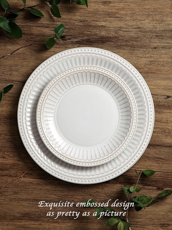 Famiware Garden Plates and Bowls Sets, 18-Piece Dishes Set for 6, Scratch Resistant Kitchen Dishes Dinnerware Set - Microwave and Dishwasher Safe, Reactive Glaze and Embossed Stoneware, White