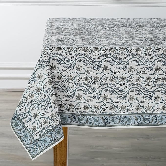Ridhi Baby Blue Eyes Hand Block Print Cotton Rectangle Tablecloth 120" x 80" inches Reusable Table Cover Decorative Everyday Use for Dining, Farmhouse, Home, Party, Festive, Wedding, Fall