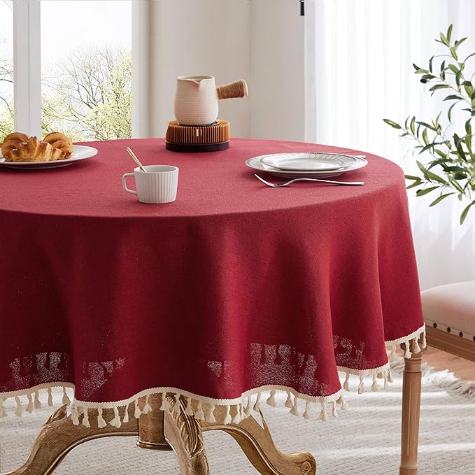 Linen Tablecloth with Tassels, Farmhouse Style Burgundy Tablecloth, Water Resistant Burlap Tablecloths for Round Table, 60 Inch Round Burgundy